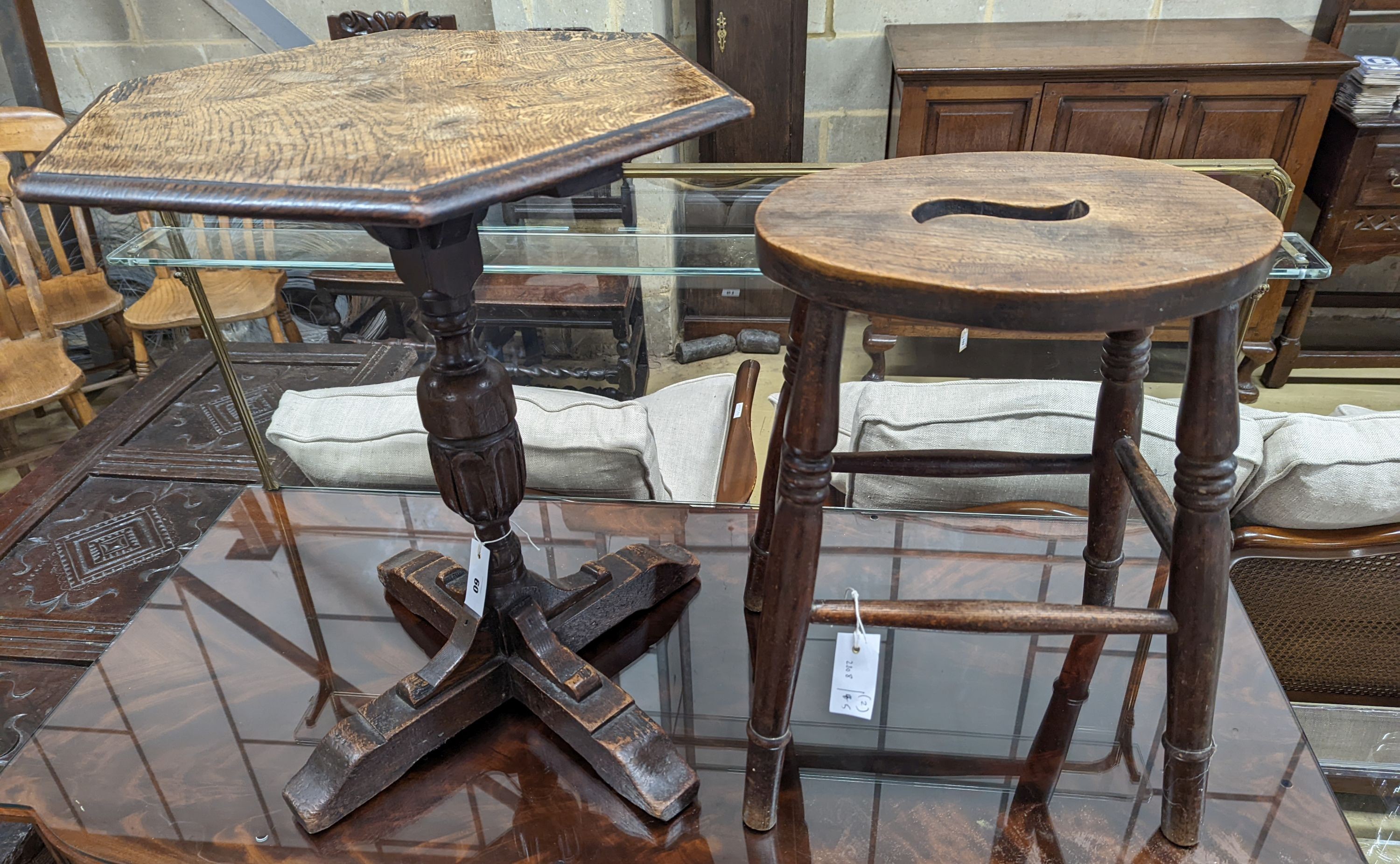A Victorian elm stool together with an 18th century style hexagonal oak occasional table, table height 62cm